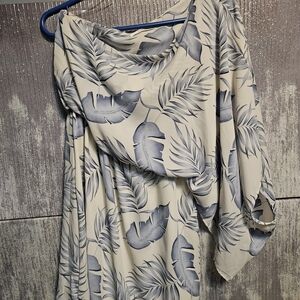 One Shoulder Leaf Print Dress - Blue and White